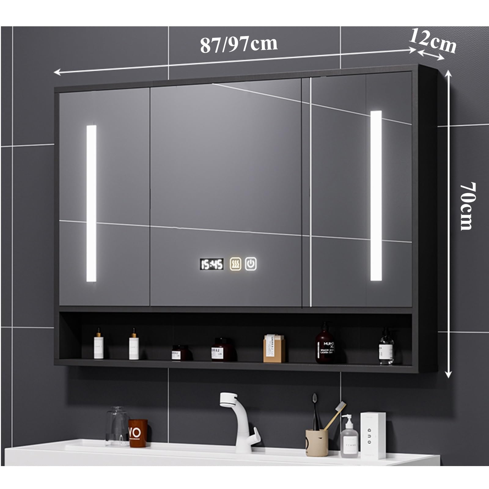 Espejo Baño con Luz Armario De Baño con Espejo Y Luz,Armario Baño con Espejo,Armario Espejo Baño con Luz,ararmario BaÃño Pared con Espejo,Armario Baño Pared con Espejo Y Luz(Black,97cm)