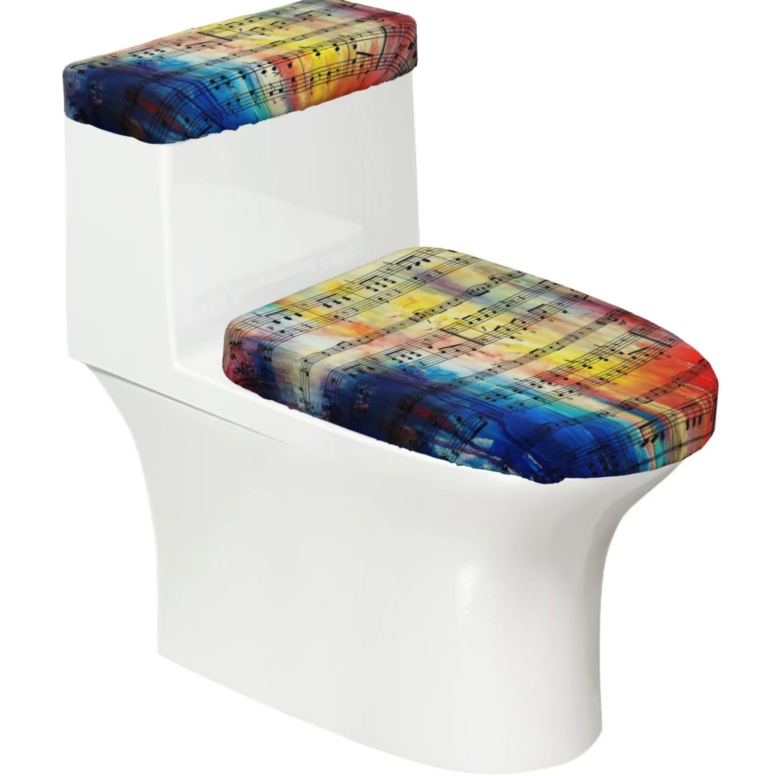 Vintage Music Note 2-Piece Toilet Seat Cover Set with Tank Lid - Elastic for U-Shape & Elongated - Bathroom Decor