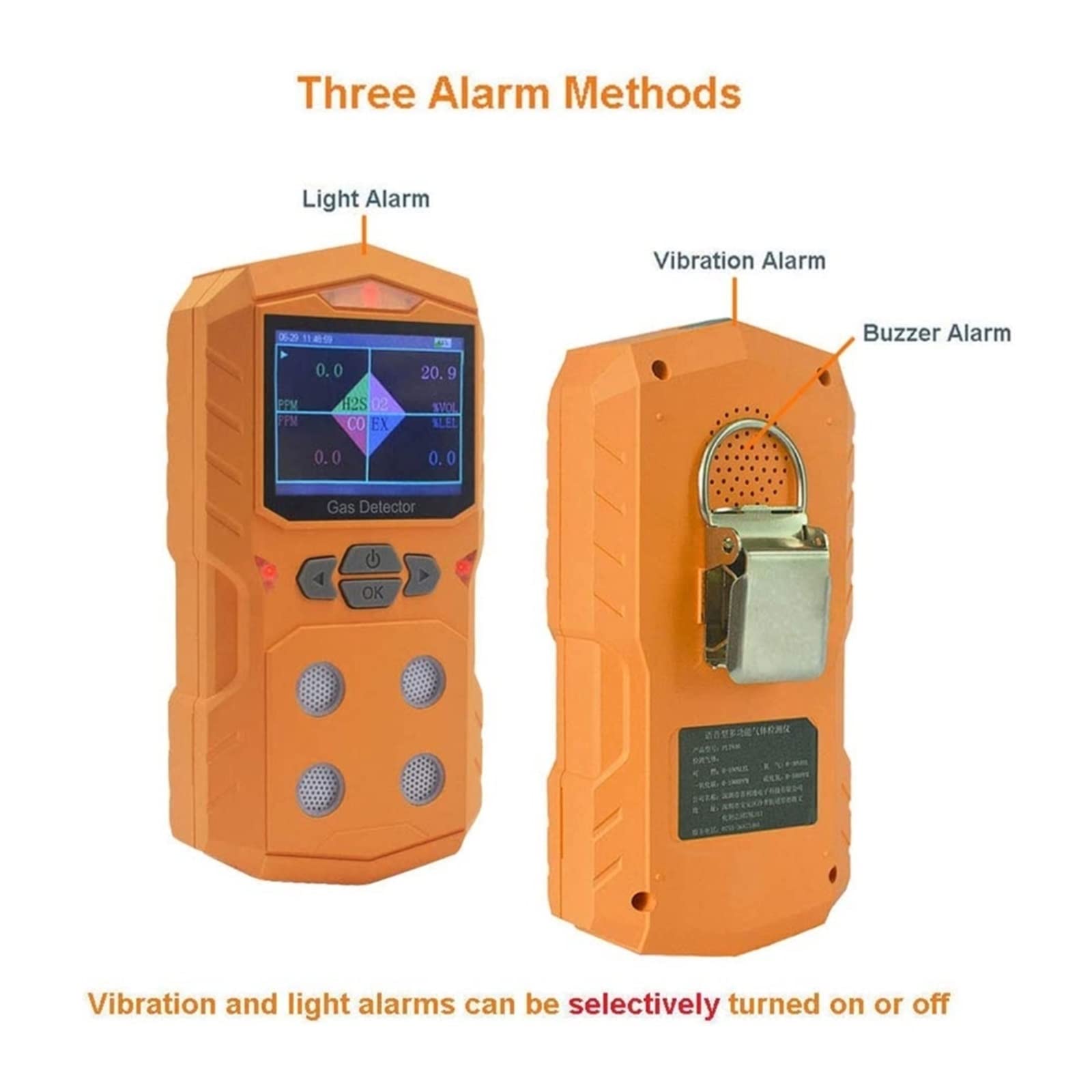 Détecteur de gaz 4 en 1 Analyseur Portable Moniteur Multi-gaz Écran Couleur avec Batterie Rechargeable Graphique Alarme Lumineuse sonore Tests précis(Giallo)