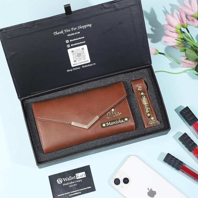 Image of WALLETKART Personalized Leather Women's Clutch with Name & Charm | Customized Clutch for Girlfriend Friend Wife Mother & Sister
