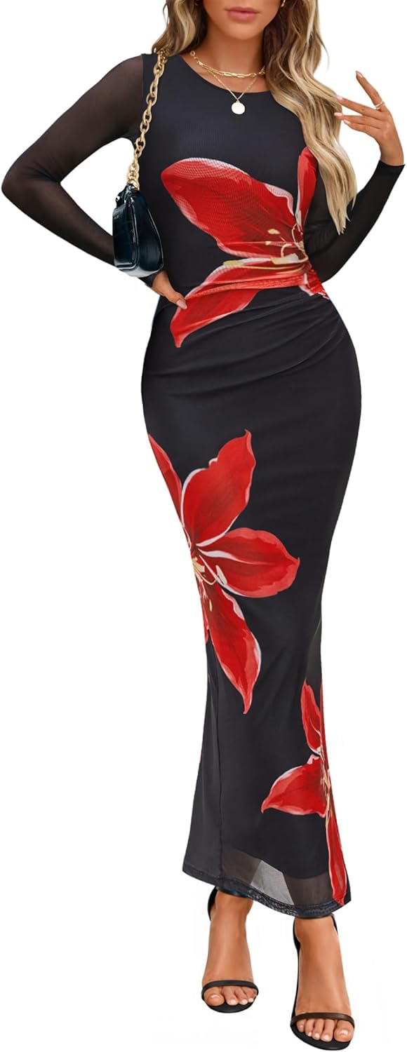 ZESICA Women's Long Sleeve Floral Maxi Dresses 2026 Fall Bodycon Crewneck Side Slit Ruched Fitted Party Long Dress