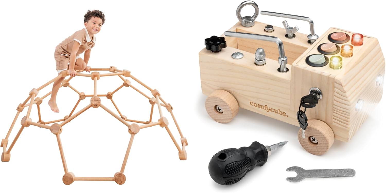 Wooden Climber and Busy Board Truck Set Bundled by Comfy Cubs