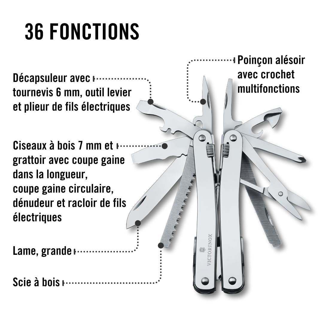 VICTORINOX Outil Multifonction Swiss Tool Spirit X Plus Ratchet, 36 Fonctions, Swiss Made, Outil Multifonction avec Lame Blocable et Pince à Bec, y c. Étui en Cuir, Argent