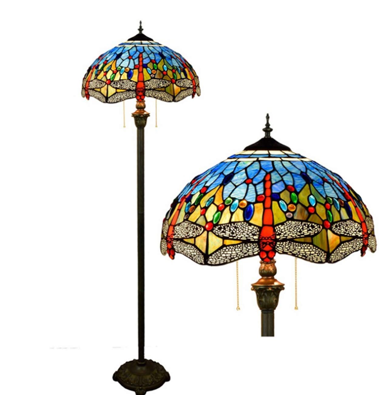 IUokLU Retro Tiffany Style Floor Lamp 16" Retro Blue Dragonfly Pattern Stained Glass Handcrafted Shade with Iron Pole & Resin Base,