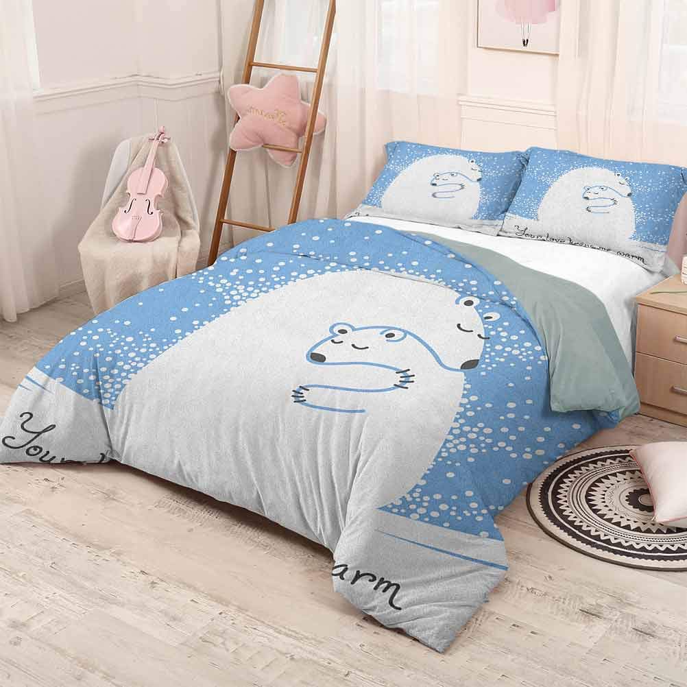 prunushome Animal 3 Piece Bedding Sets Mother Polar Bear Hugging Her Baby in The Snow North Winter Love Valentines Art Comfy Bedding Blue White 80x90in/20x30inx2