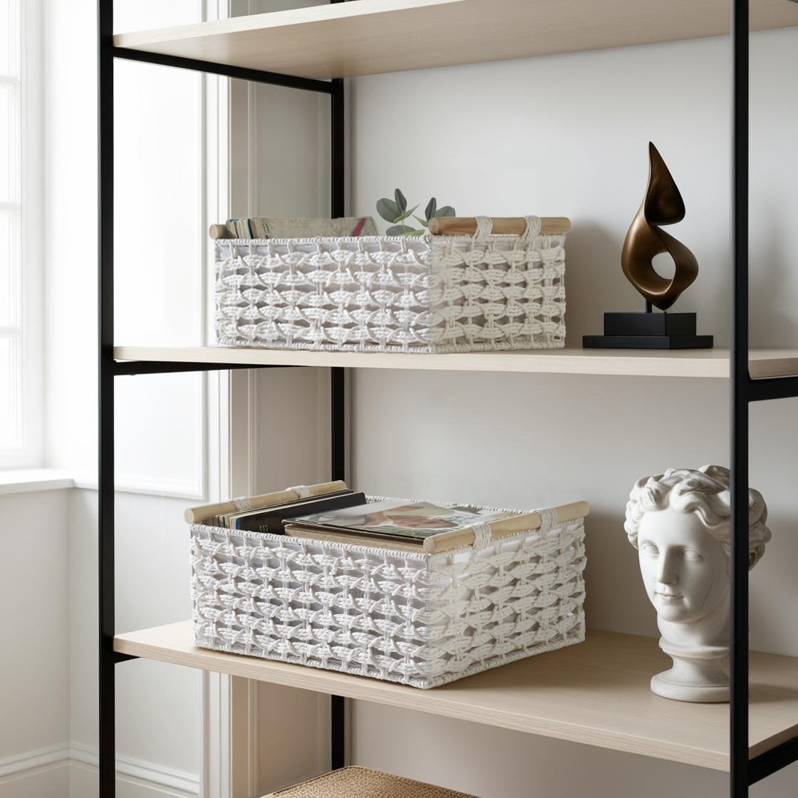 DECOMOMO White Wicker Baskets, Back of Toilet Basket, Bathroom Basket Organizer, Countertop, Home Decor (White, Set of 2)