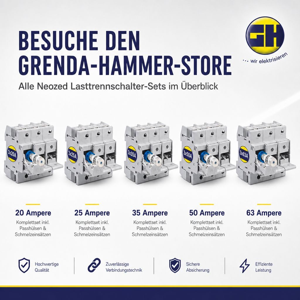 grenda-hammer® | Neozed Lasttrennschalter Set D02-3-polig Set mit Sicherungen und Passhülsen (Lasttrenner Set 3x35 Ampère)