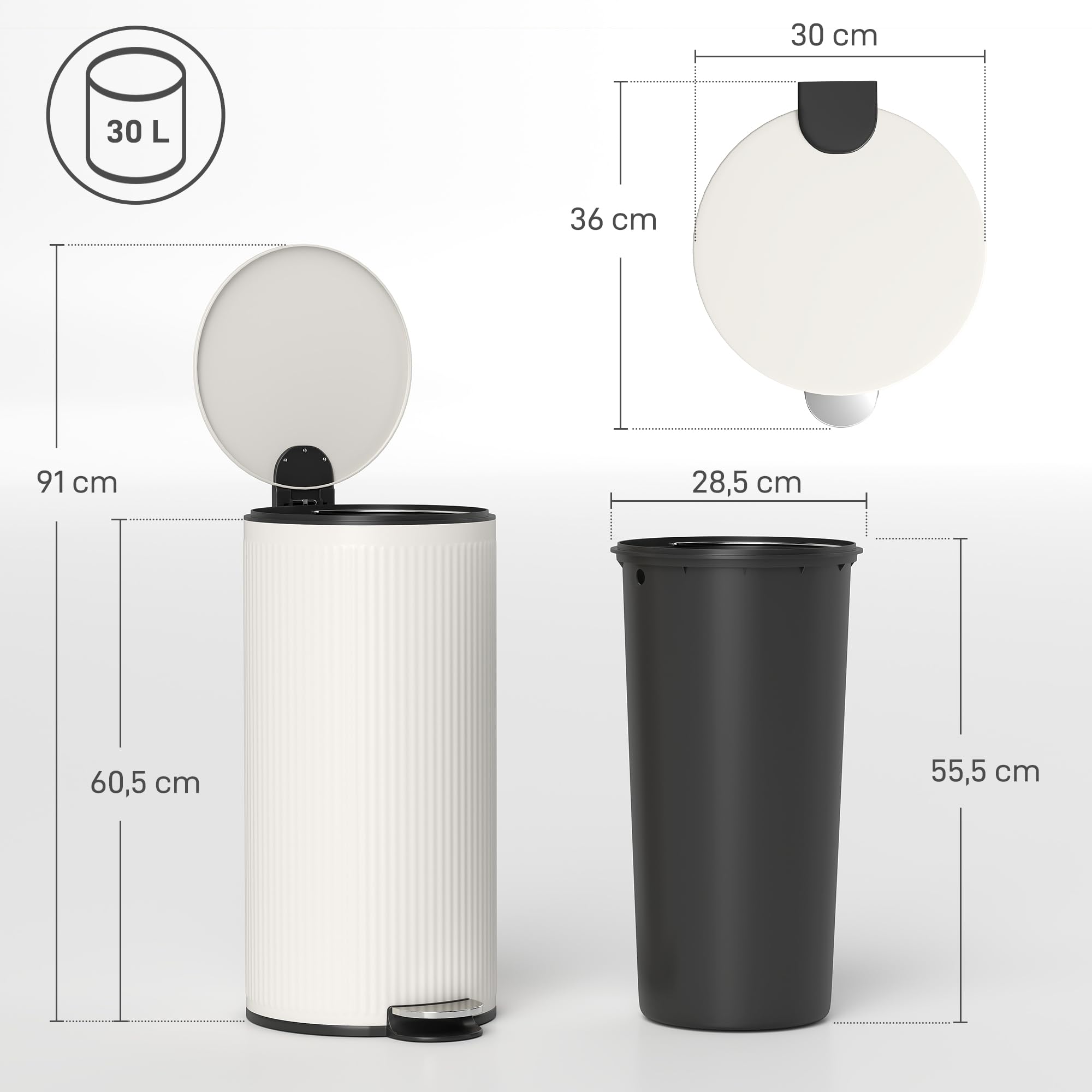 HOMCOM Mülleimer 30 L Treteimer mit Pedal, Cremeweiß, 36 x 30 x 60,5 cm | Softclose-Deckel, Abfallsammler, Abnehmbarer Inneneimer, Abfalleimer, Metall