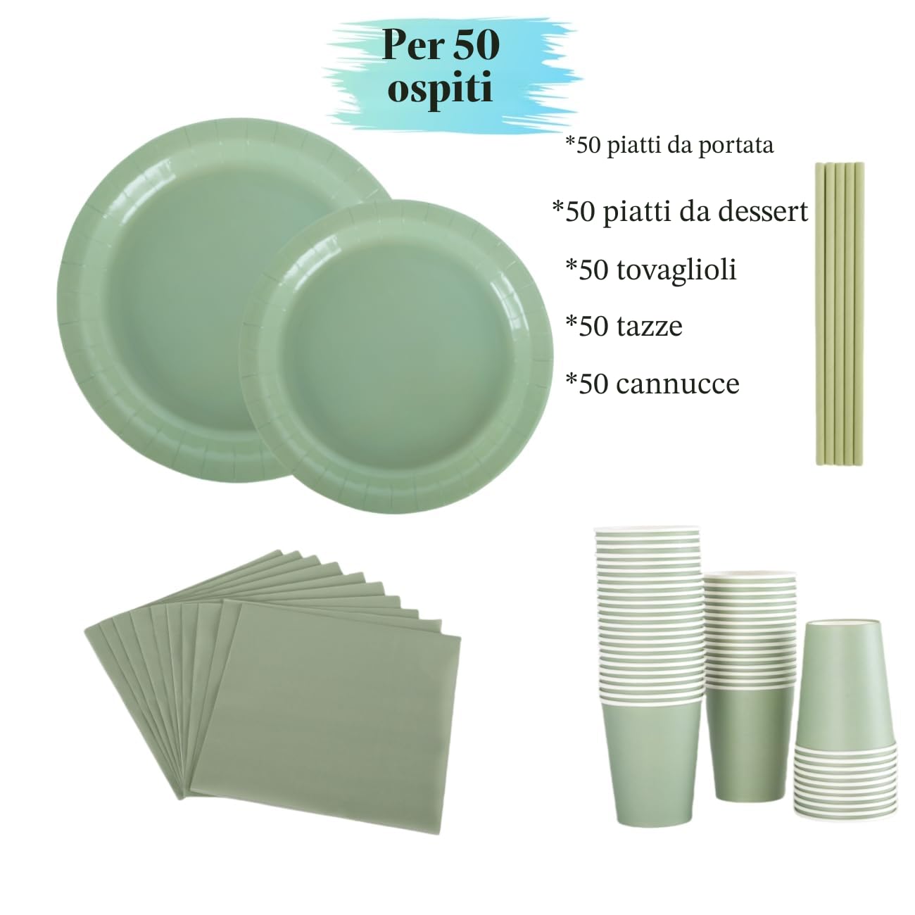 CEILIWEN - Set di stoviglie per feste, 250 pezzi, verde salvia, include piatto di carta da 22,8 cm, piatto da dessert da 17,8 cm, tovaglioli, tazze, cannucce, per 50 ospiti