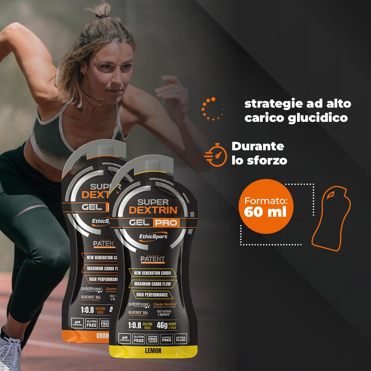 Super Dextrin GEL PRO EthicSport – Gel energetico con carboidrati evoluti 1:0,8 (Glu:Fru) da Cluster Dextrin, SusCarb, Palatinose e Fruttosio – Confezione da 15 x 60 ml - Gusto Limone