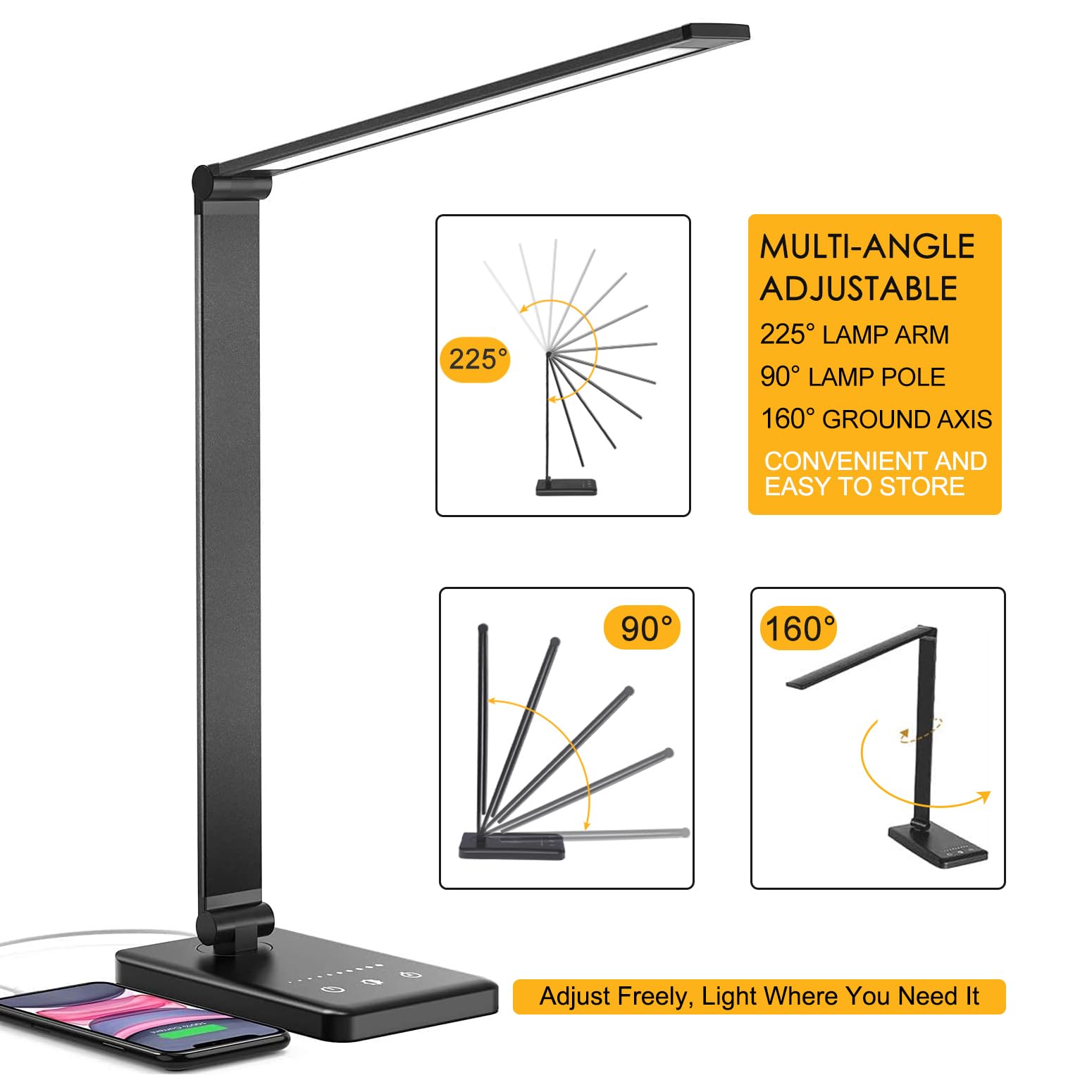 Schreibtischlampe mit USB-Ladeanschluss, 5 Farbmodi, 10 Helligkeiten, Schwarz