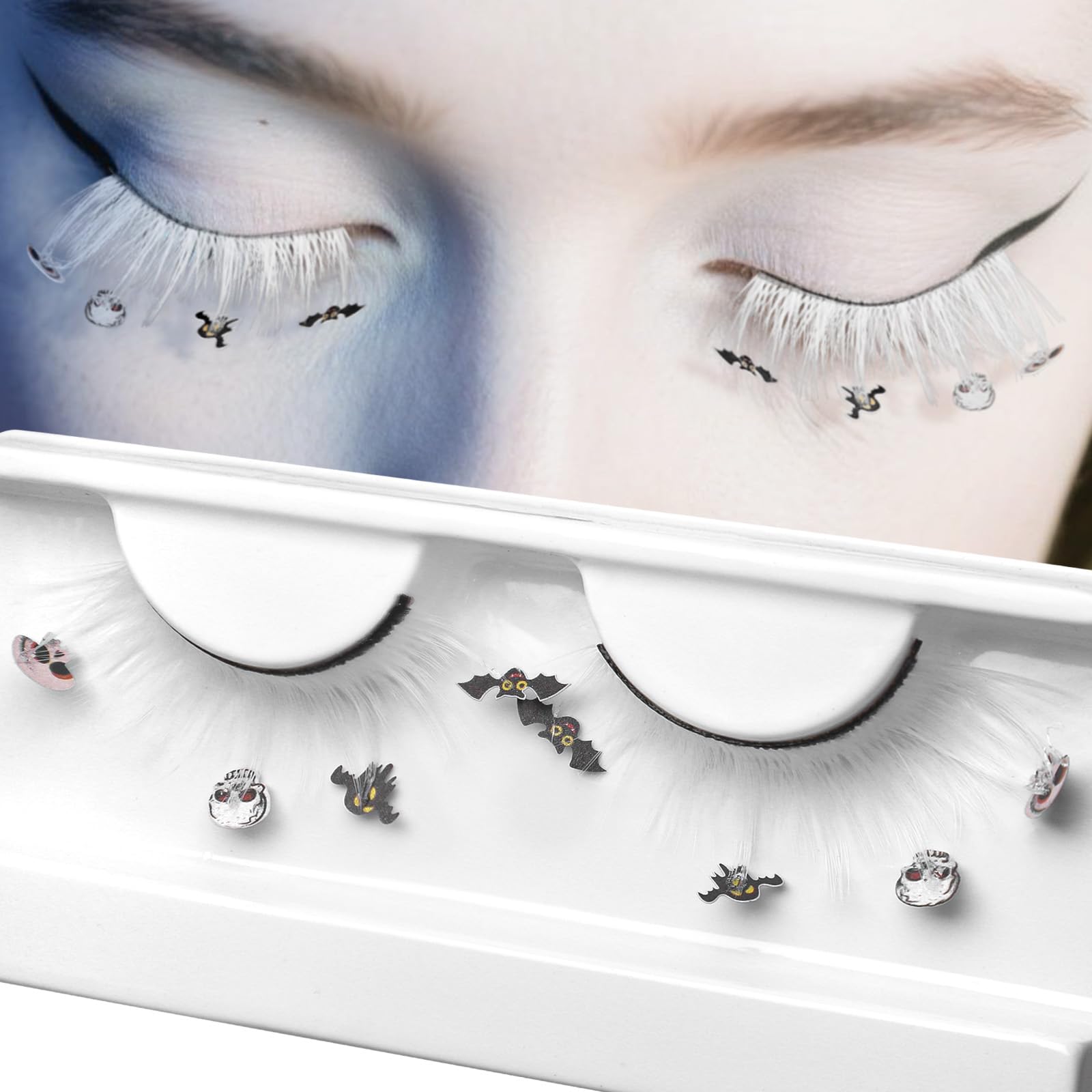 Halloween White Cluster Eyelash Extensions for Witch Gothic Decorations Wispy Lash Clusters with Black & White Skeleton Bats Ghost Paper Cutting for Rave Party Cosplay