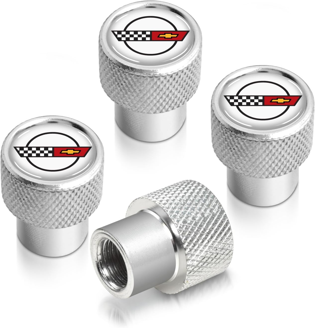 iPick Image for Chevrolet Corvette C4 Logo in White on Shining Silver Easy-Grip Aluminum Tire Valve Stem Caps - Official Licensed