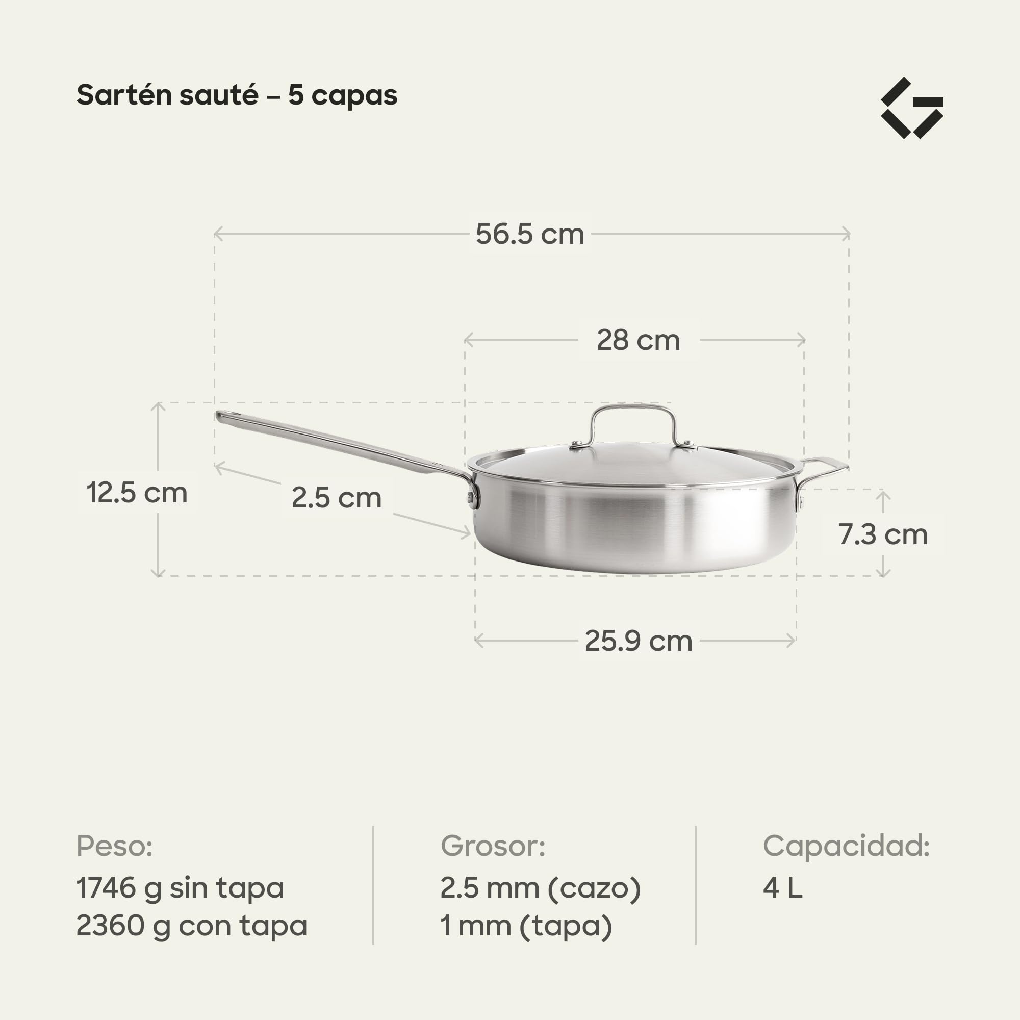 Gastrotools Sartén de acero inoxidable de 28 cm con tapa, sartén de acero inoxidable de 5 capas, sartén universal con asa CoolGrip, libre de PFAS, apta para todo tipo de cocinas