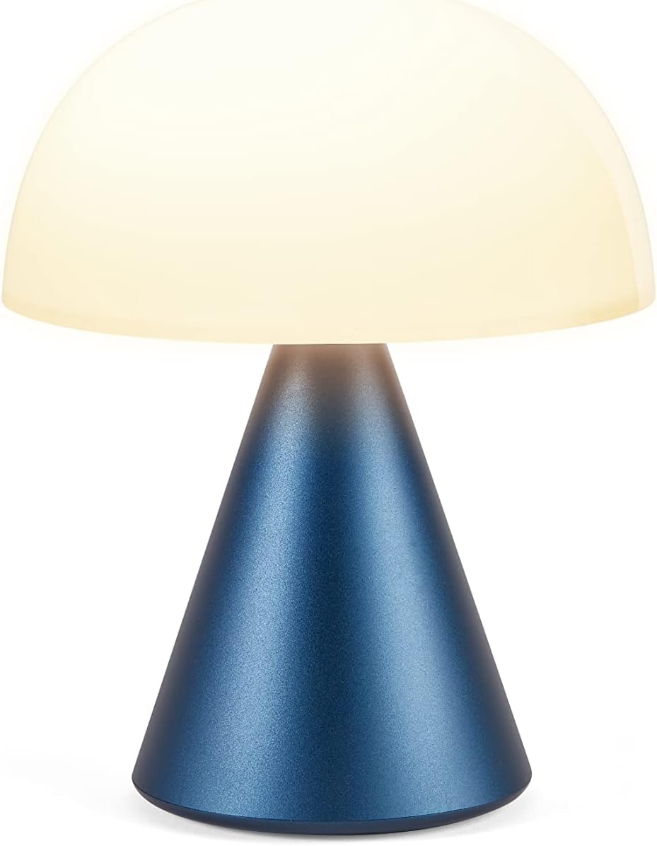 Lexon Mina - Portable LED lamp, 24 Hours of Battery Life, 9 Ambient Colors with Pressure Dimmer Switch Light, IPX4 Water Resistance, QI Charging or USB-C - Aluminium/Dark Blue