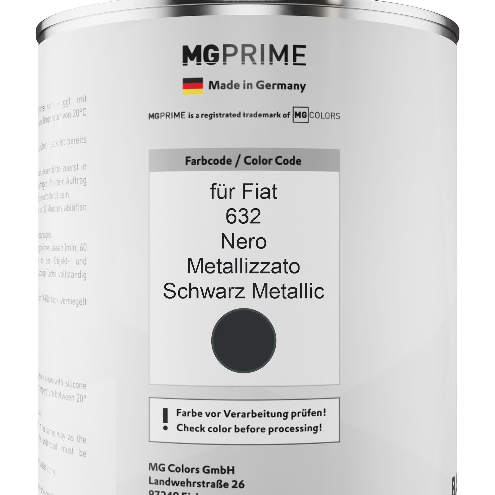 MG PRIME Vernice per auto Kit barattolo per Fiat 632 Nero Metallizzato/Schwarz Metallic Vernice di base 2K vernice trasparente indurente pronto all’uso 2,5L