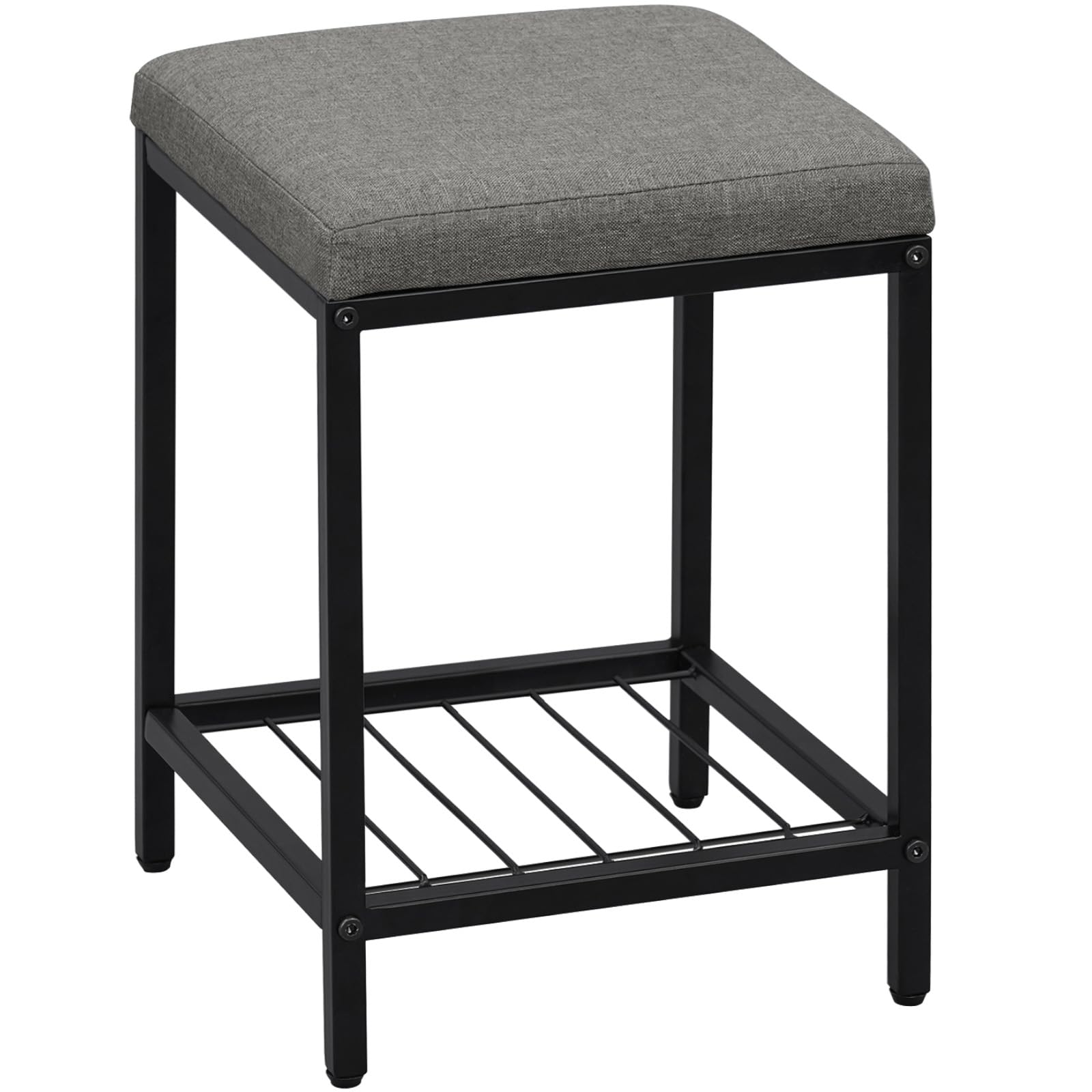 eSituro Taburete de Tocador, Silla para Maquillaje, Banqueta de Baño con Estante de Almacenaje, Taburete con Estante de Almacenaje, Taburete Multifuncional de Lino Transpirable, Gris Oscuro + Negro