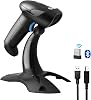 Bluetooth Wireless Barcode Scanner with Stand, Handfrees Automatic Scanning & Manual Trigger Hand Barcode Scanner Gun, 1D 2D QR Code DM Scanner Work with Smart Phone, Tablet, PC