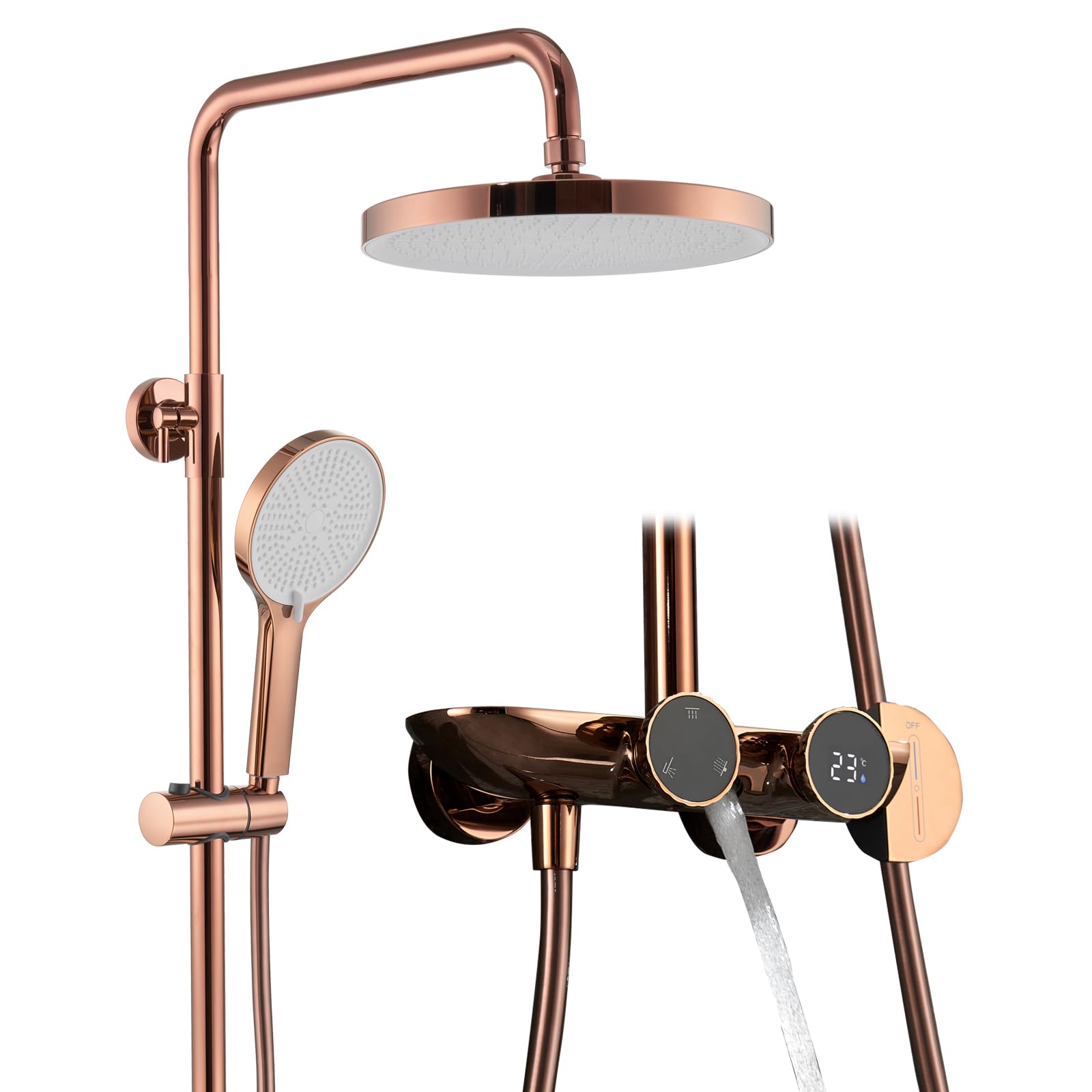 Columna Ducha con Grifo con Pantalla Digital, Rociador Superior 25cm | Sistema de Ducha de Latón, Lluvia Columna de Baño Multifuncional, Altura Ajustable, Ducha de Mano de 3 Modos, Oro Rosa