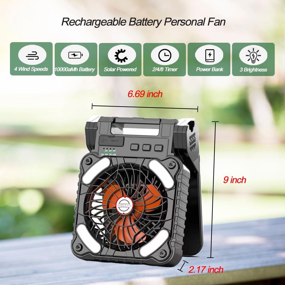 Ventilatore Solare Da Campeggio 10400 MAh Con Lanterna LED, 4 Velocità, Timer 2-8 Ore, Silenzioso E Pieghevole – Perfetto Per Tende E Outdoor - 2