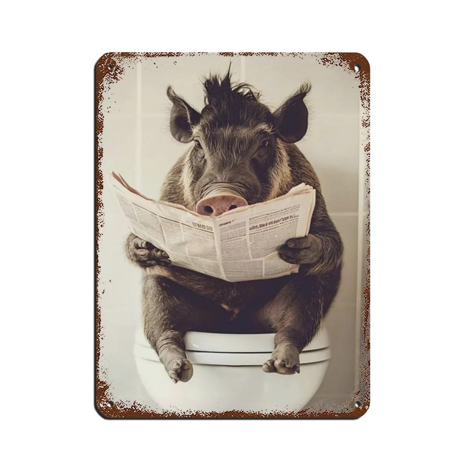 Lxwnze 30L X 40W Cm Warthog Sitting On Toilet Reading Newspaper Tin Sign Vintage Metal Pub Club Cafe Bar Home Wall Art Decoration Poster Retro 12X16inch(30X40cm)
