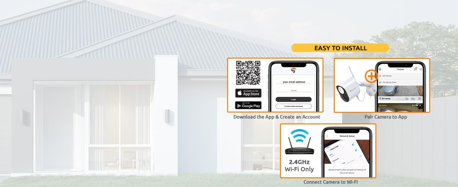 Screenshots showing Toucan Smart Home app download, account creation, and device pairing steps.
