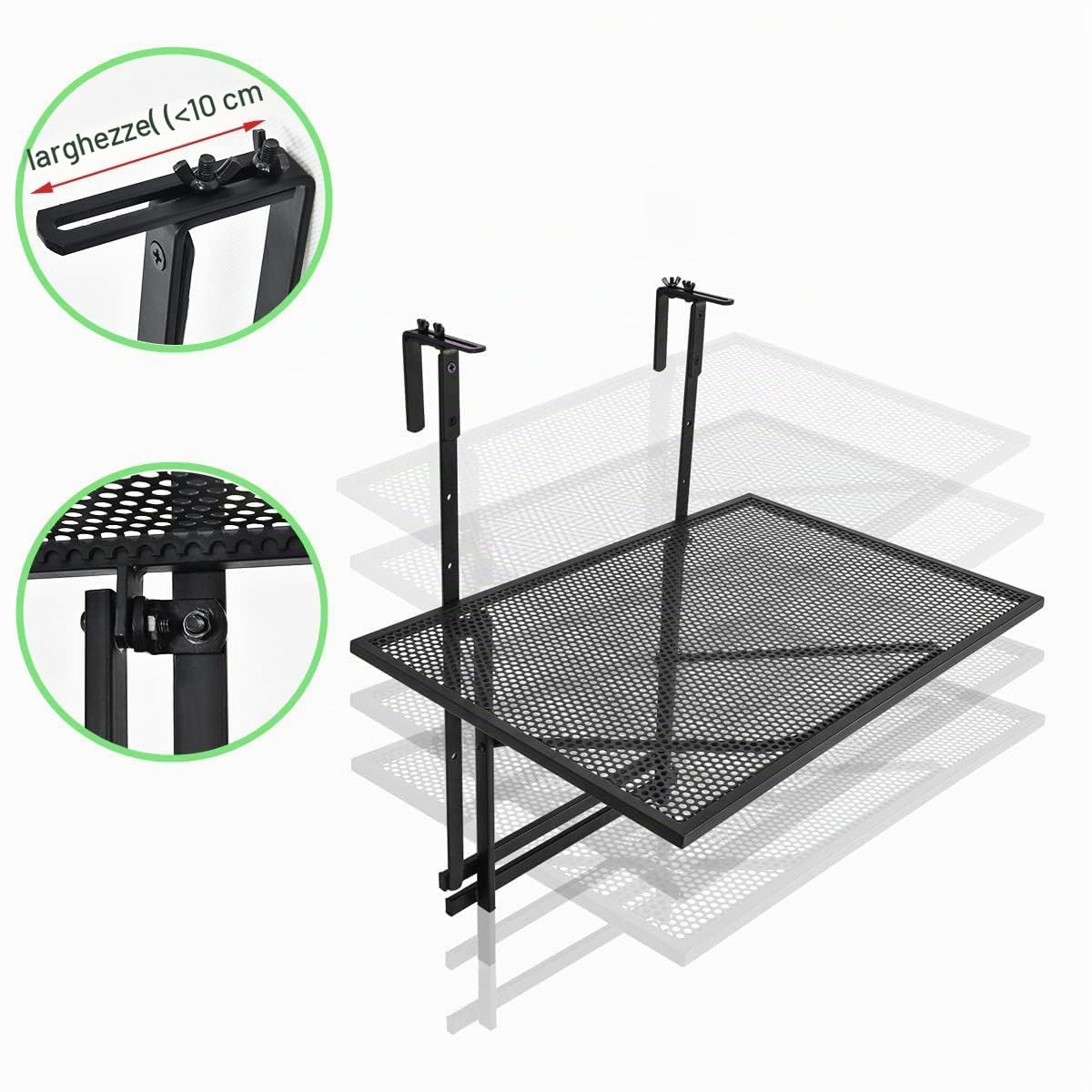 RELAX4LIFE Tavolino da Balcone, Tavolo da Giardino Pieghevole in Metallo, Altezza 5 Regolabile con Ganci, Tavolo Sospeso Portata 20kg, per Ringhiera Interno/Esterno, Nero (60,5x50,5x83cm)