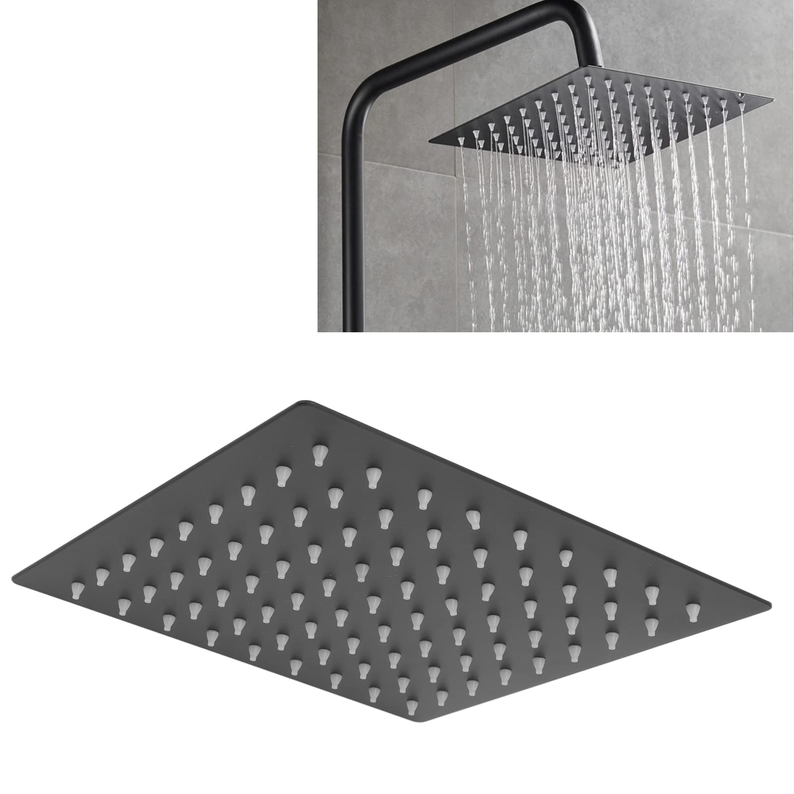 Square High Pressure Rain Shower Head, Large Stainless Steel Rainfall Showerhead, Matte Black Ceiling Mount with G1/2" Thread - Image 4