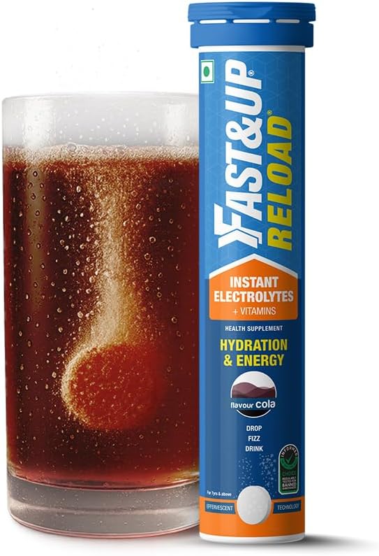 Fast&Up Reload (5 Litres) Low Sugar energy drink for Instant Hydration - 20 Effervescent Tablets with all 5 Essential Electrolytes + Added Vitamins - Certified Electrolytes Drink - Cola flavour