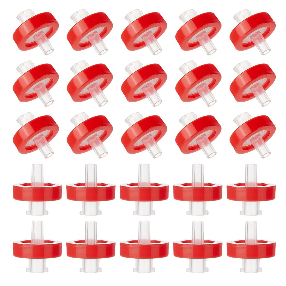 OLYCRAFT 100Pcs Red Syringe Filters Hydrophobic PTFE Membrane 17mm Diameter Lab PTFE Membrane PTFE Hydrophobic 0.22um Membranes Non-Sterile HPLC and GC Needle Filter for Spotting Lab Supplies