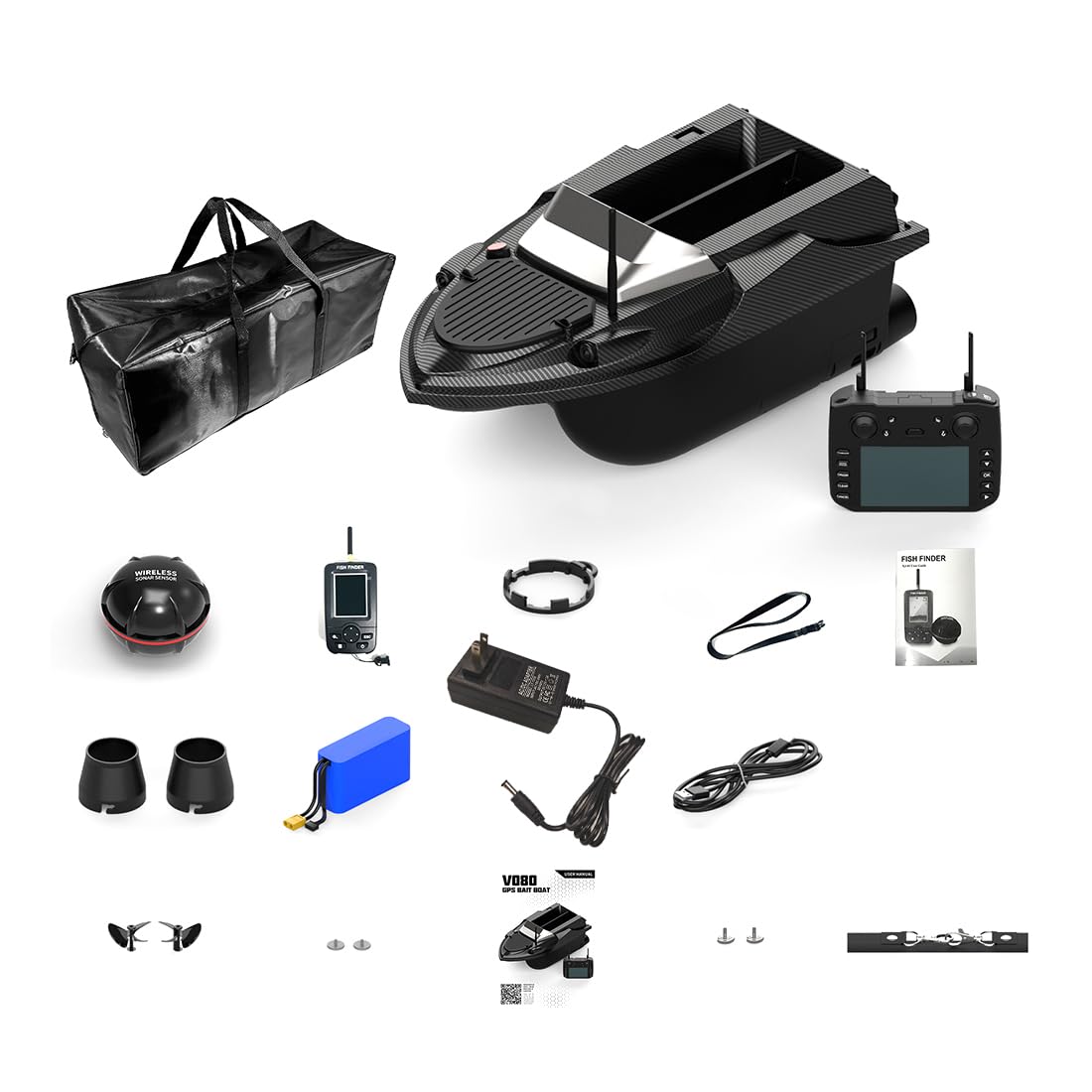 Barco de cebo RC V080 con GPS, 12 V, tolvas simples/dobles conmutables, alcance de 800 m, 9 zonas de pesca y 180 puntos de referencia, ideal para pesca en ríos, lagos y mares, ideal para pescadores