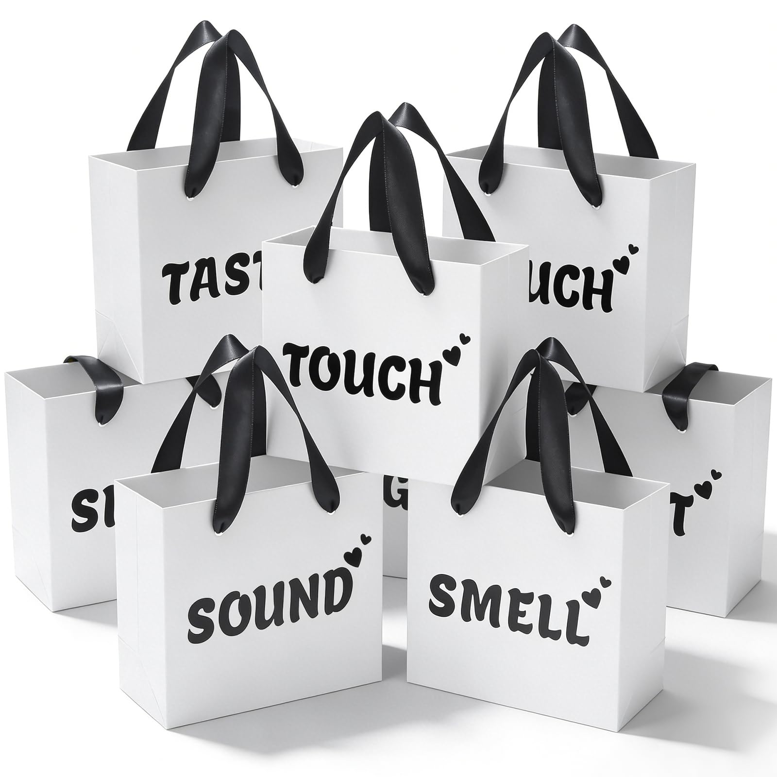 EQOREIIN 30 Pack 5 Senses Gift Bags for Him Her,5.5x 2.5x4.7 Inch Sight Smell Touch Taste Sound Small Gift Bags with Handle for Men Birthday, Anniversary, Mother's Day, Valentine's Day(White Black)