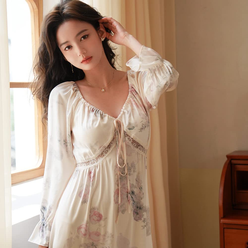 Nachthemd Damen,Damen Nachthemden Beige Satin V-Ausschnitt Krawatte Hohle Spitze Blumendruck Sexy Schlafhemd Weiche Bequeme Lange Ärmel Nachthemd Loungewear Für Damen Mädchen Pyjama Party Weihnac