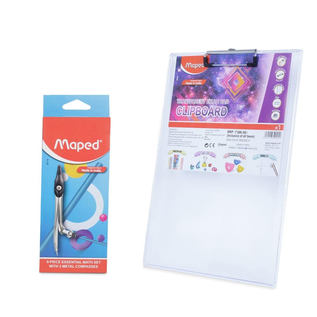 Maped Prüfungs-Set, 10 Stück (transparent), ein transparentes Premium-Klemmbrett mit Geometriebox, Klemmbrett, Schreibblock, Klemmbrett für Prüfung, Prüfungsblock, Geometriebox für Schüler