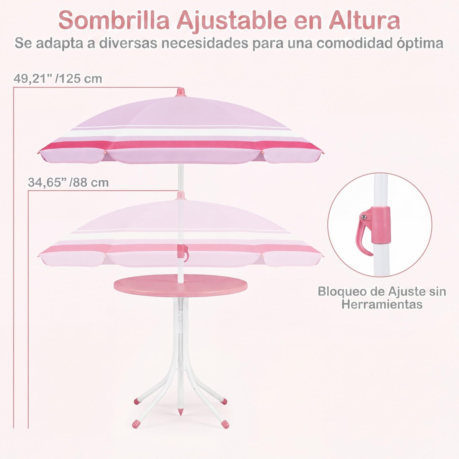 COSTWAY Set de Mesa Picnic Infantil de 4 Piezas, Mesa Infantil de Exterior con 2 Sillas Plegables y Sombrilla de Altura Ajustable, Mesita Redonda y Sillones para Niños 3-6 Años (Rosa)