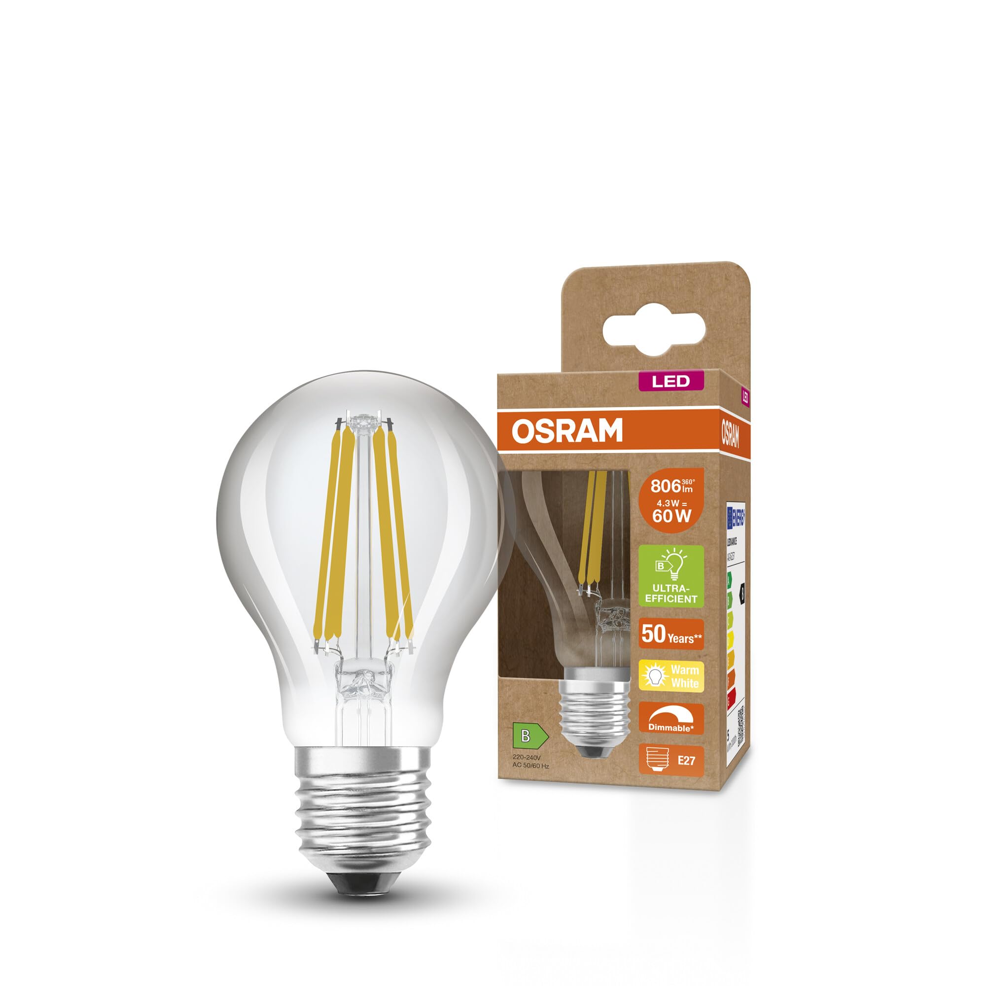 OSRAM Superstar+ Classic A Fil 60 Led Lamp, E27, Bulb Shape, 4.3W, 806Lm, 2700K, Warm White Light, Dimmable, Led Filament Technology, Very Low Energy Consumption, Energy Efficiency Class B