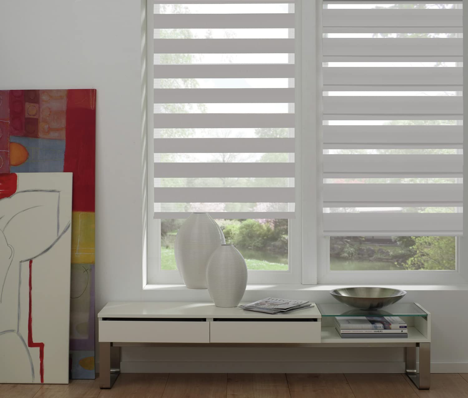 Deco Company Double Store à Clipser, Store Enrouleur à Commande Latérale sans perçage, Bandes Transparentes et Opaques, Kit de Montage Inclus, Polyester, Gris Clair, 90 x 210 cm