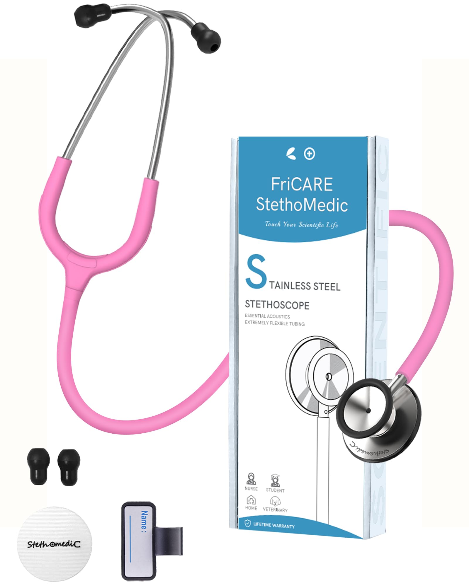 FriCARE Dual Head Stethoscope - Stethoscopes for Nurses, Medical Nursing Students, Paramedics/EMT/LVN/VNA Backup Estetoscopio, Smooth Hot Pink Tube, Stainless Steel Chestpiece