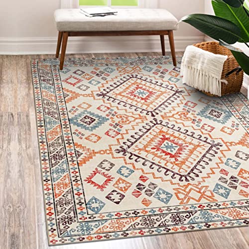 Green Decore Vernal Yonker Machine washable, Non Shedding, Non Slip Area Rug for Living Room, Bedroom, Dining Room, Hallway, Kitchen, Pet Friendly, Orange/Blue/Cream, 90 cm X 150 cm