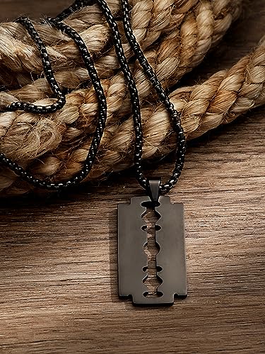 HAQUIL Razor Blade Necklace, Black Plated Stainless Steel Razor Blade Pendant, Box Chain, Gothic Punk Rock Hip Hop Jewelry Gift for Men3
