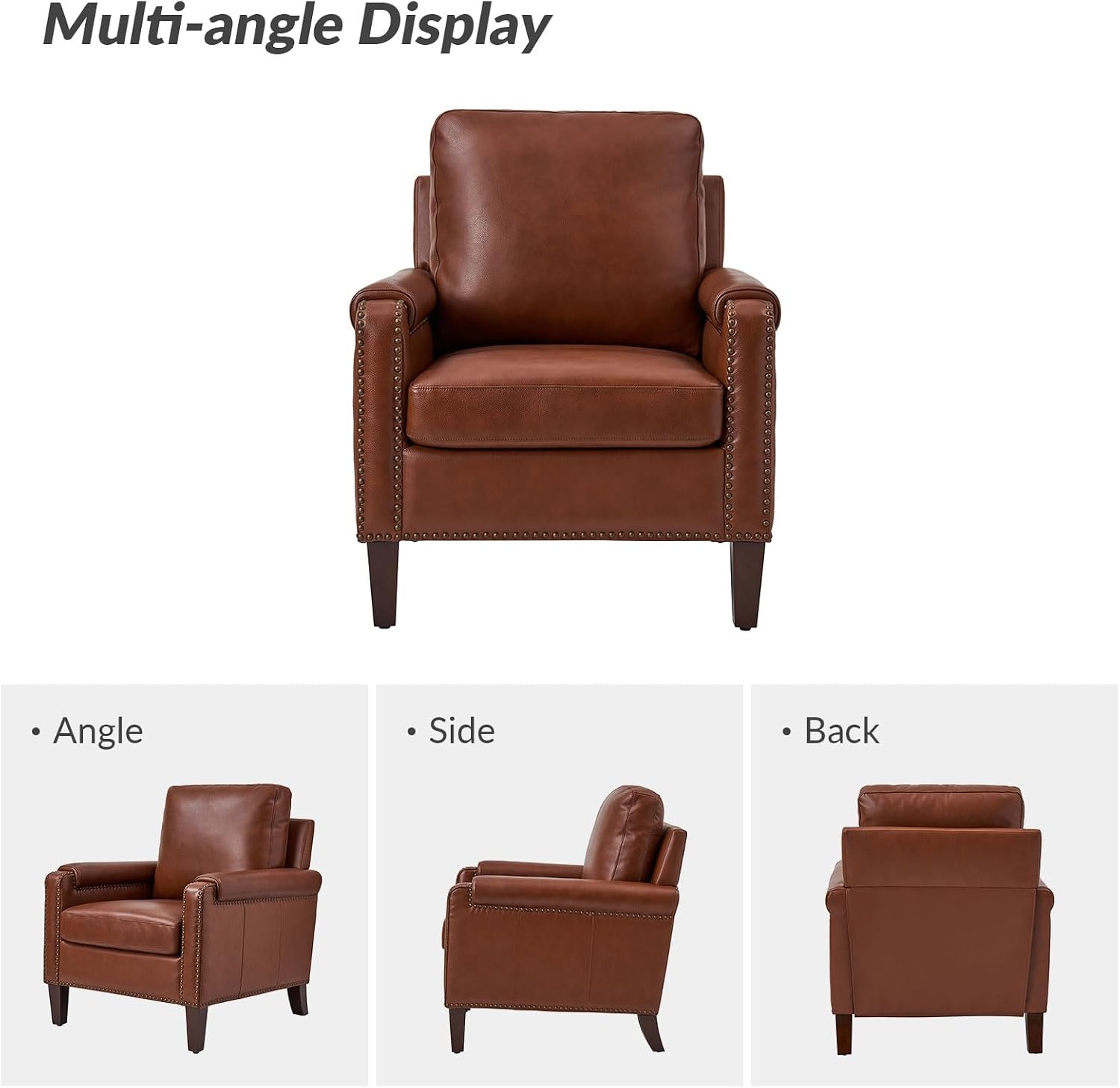 HULALA HOME Genuine Leather Accent Chair with Wooden Legs & Nailhead Trim, Comfy Upholstered Armchair with Removable Cushion & Rolled Arms (Brown)