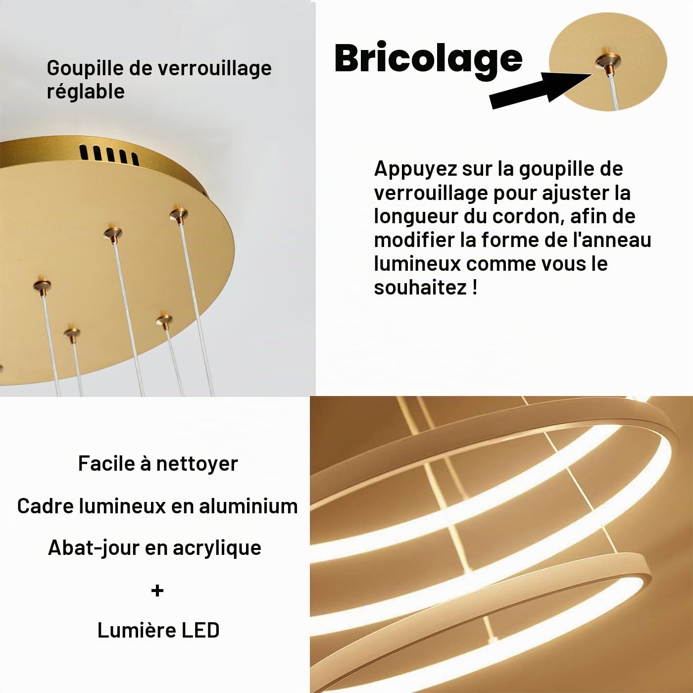 Lustre LED Salon Moderne Suspension Luminaire Noir 115W, Plafonnier Dimmable avec Télécommande, 3 Anneaux Réglable Lustre Suspendu, Decorative Lampe Pour Chambre, Cuisine, Bureau 40+60+80cm