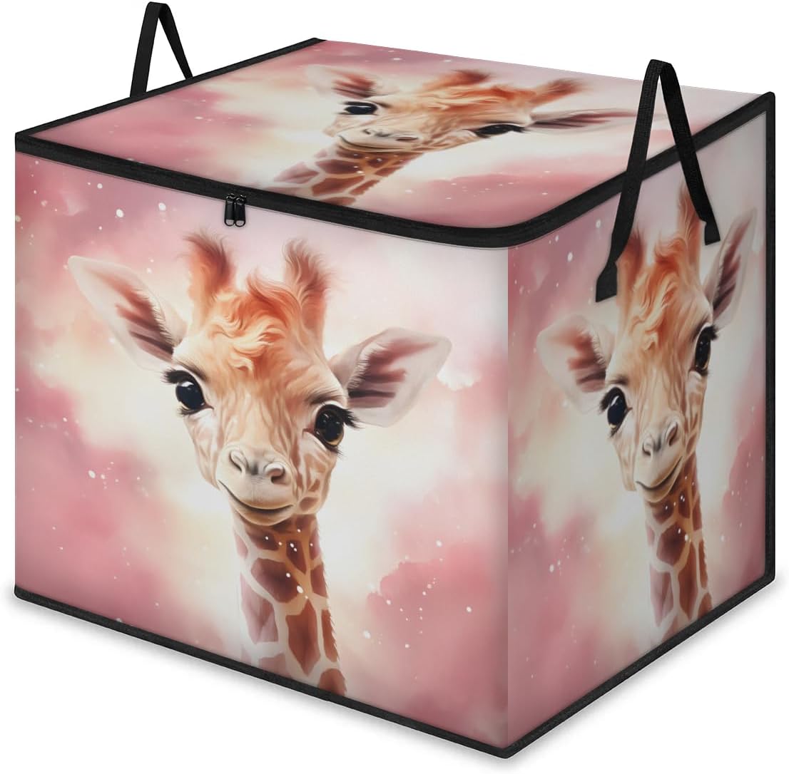 Honeybaby 214L Extra Large Comforter Storage Bag Cute Giraffe Animal Storage Totes with Lids Waterproof Closet Organizer Folding Blanket Storage Bags for Clothes Bedding Pillows