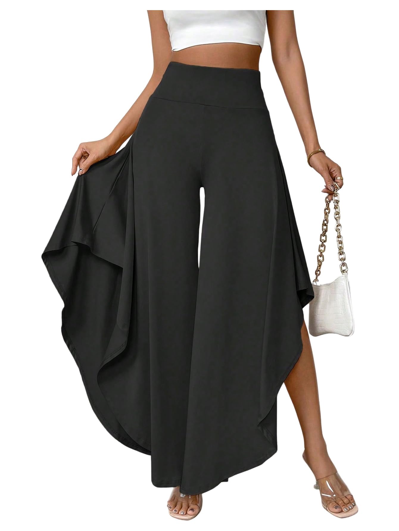 Floerns Womens High Waist Ruffle Asymmetrical Hem Wide Leg Flowy Long Trousers