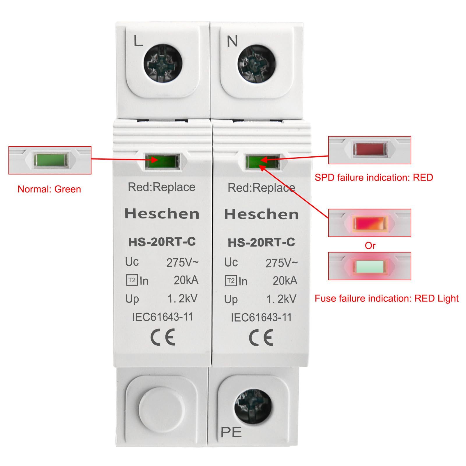 Heschen Dispositivo de protección contra sobretensiones SPD, HS-20RT-C, 2P 275VAC 20KA, fusible contra sobrecorriente reemplazable incorporado, descargador de bajo voltaje, a prueba de fuego