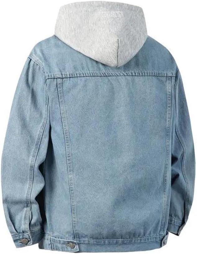 Men’S Fall Winter Hooded Denim Jackets Casual Outerwear Solid Loose Denim Coats Hat Detachable Jacket