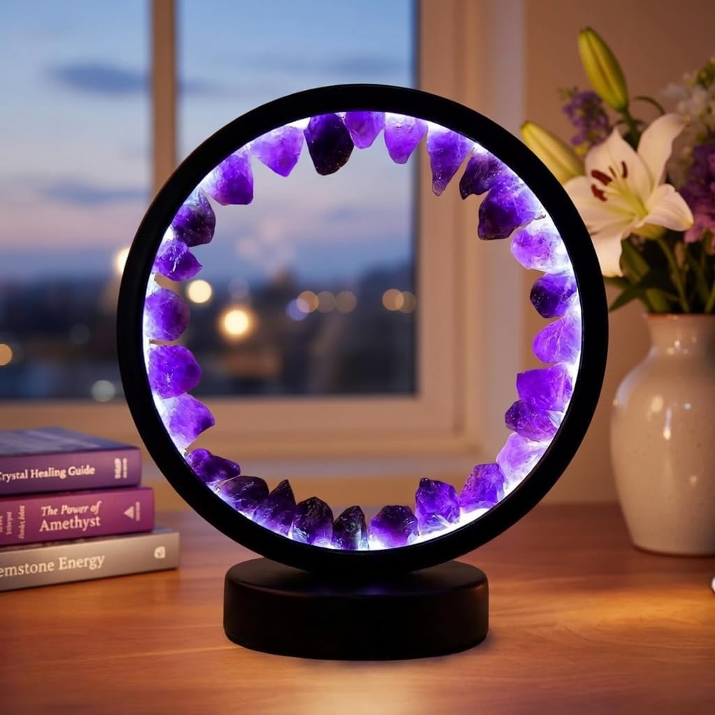 Natural Raw Amethyst Crystal Night Light - 7.9" USB Powered Bedside Lamp w/ 3 Color Dimmable Modes, Perfect Night Light for Bedroom & Home Decor, Gift for Her