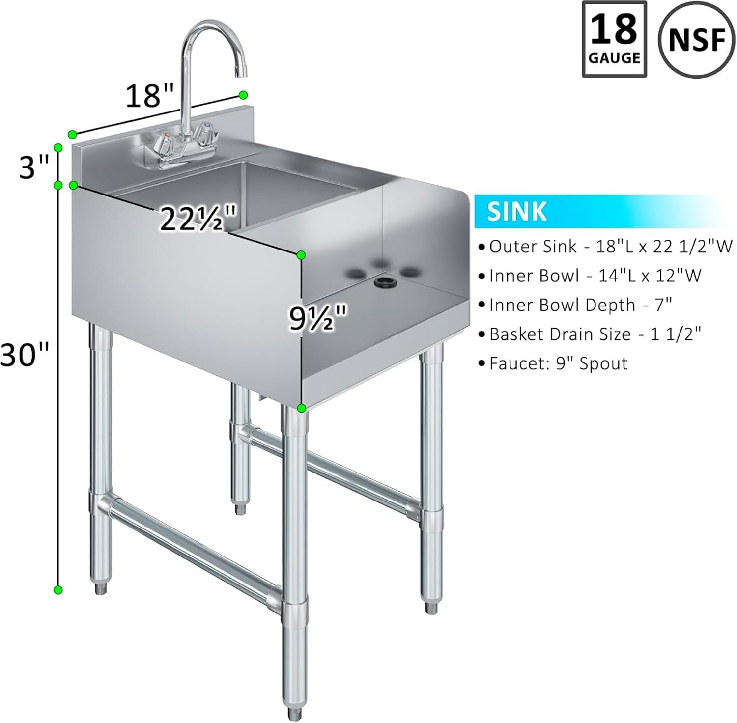 22” x 18” Stainless Steel Blender Station with Dump Sink & Faucet – NSF Certified Underbar Beverage Prep Sink for Commercial Bar, Restaurant, or Juice Shop