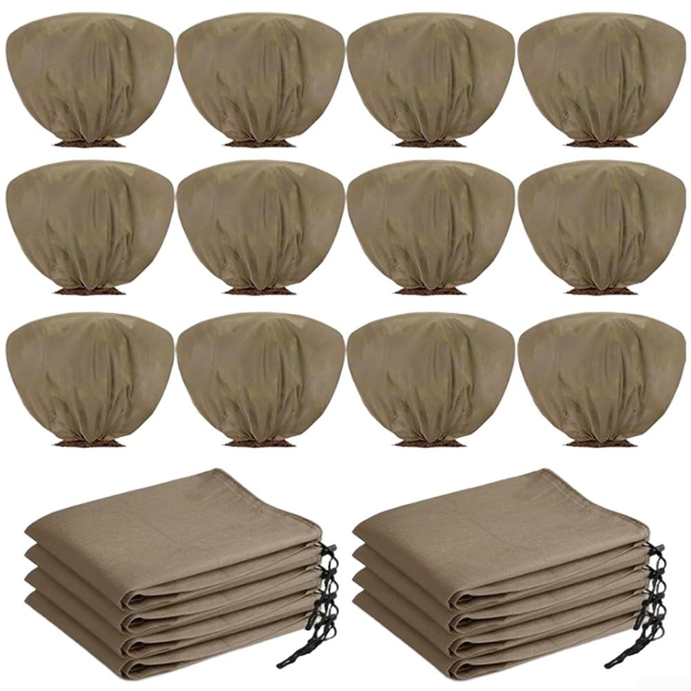 Cubierta para plantas de invierno, tela no tejida, bolsa de protección contra heladas, cierre de cordón, transpirable, a prueba de humedad, escudo esencial para arbustos jóvenes (12 piezas)