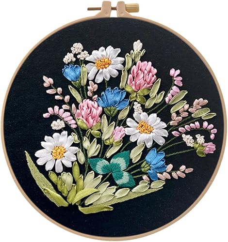 ikasus Kit de bordado para principiantes adultos, el kit de práctica de punto de bordado de cinta incluye aros de tela para bordar, hilos para